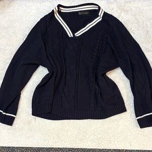 Navy Cable Knit V-Neck Sweater